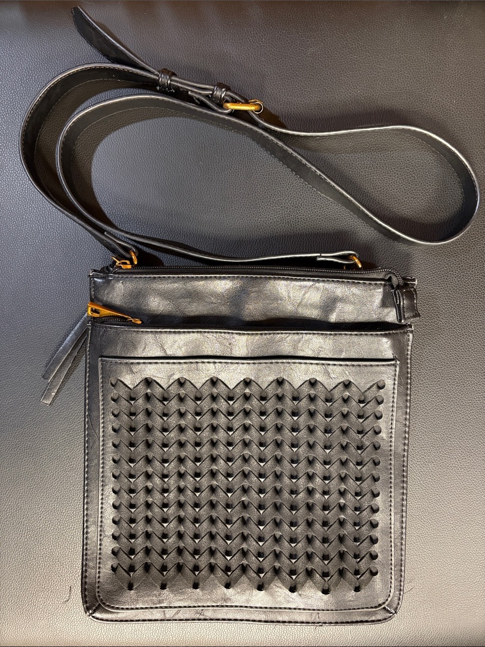 Sondra Roberts leather Black Woven Front Crossbody Bag